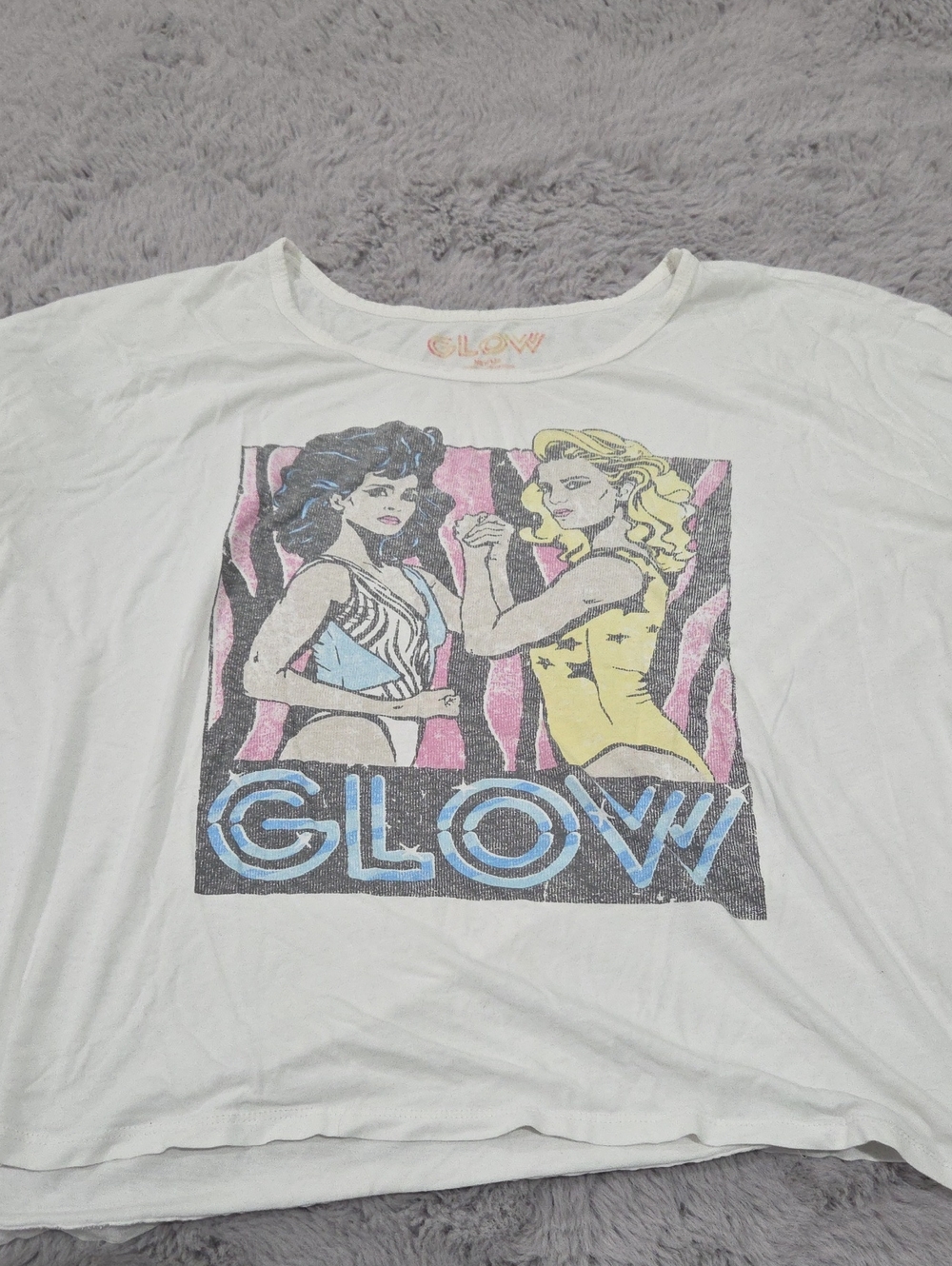 GLOW Netflix White Graphic Tee with Multi-Color Illustration